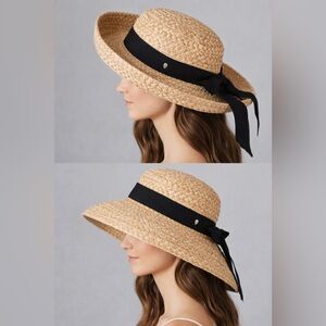 Kaminski Australia 100% Raffia Straw Boater Hat Navy Ribbon Bow Summer Sun Hat